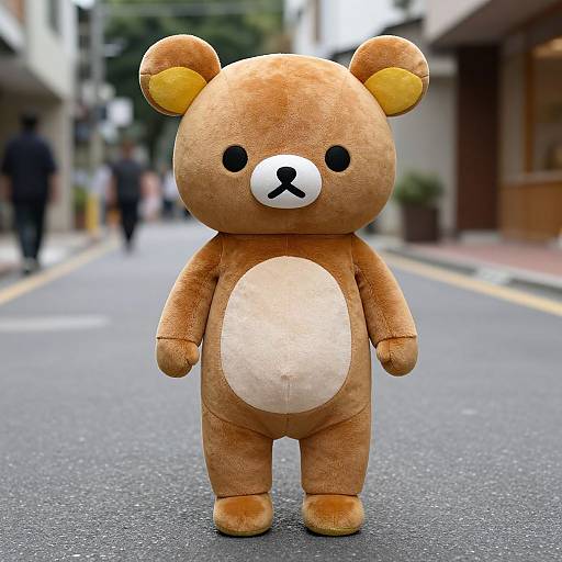 Photograph of a plush, brown teddy bear with a white belly and face, standing on an urban street with blurred pedestrians and buildings in the background