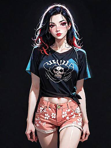 Stylish Woman in Black T-shirt and Floral Shorts