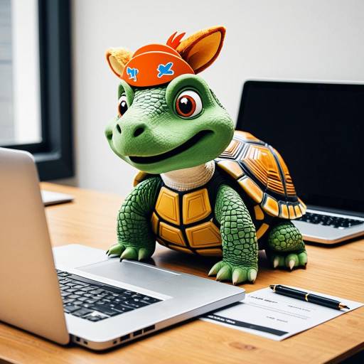 Cartoon Tortoise at Office Desk with Laptop