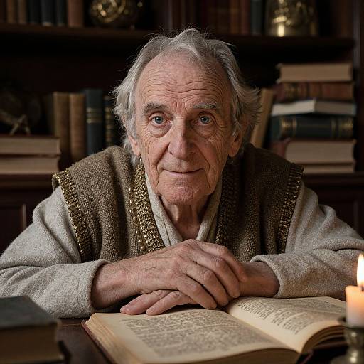 Photograph of an elderly man with white hair, wrinkled face, and blue eyes, reading an open book in a dimly lit, book-filled