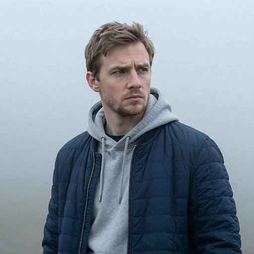 Young Man in Blue Jacket and Grey Hoodie