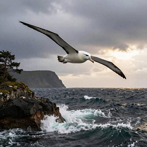 Photograph of a large albatross soaring over a stormy ocean, with crashing waves and a rocky coastline in the background.