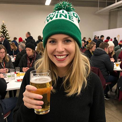 Photograph of a smiling blonde woman in a green 