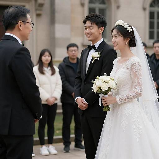 Joyful Wedding Moment Under Stone Arch