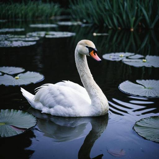 White Swan on Lily Pond