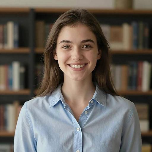 Smiling Young Woman in Blue Shirt