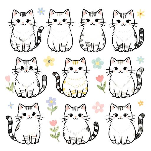 Quirky Cat Doodle Art with Florals