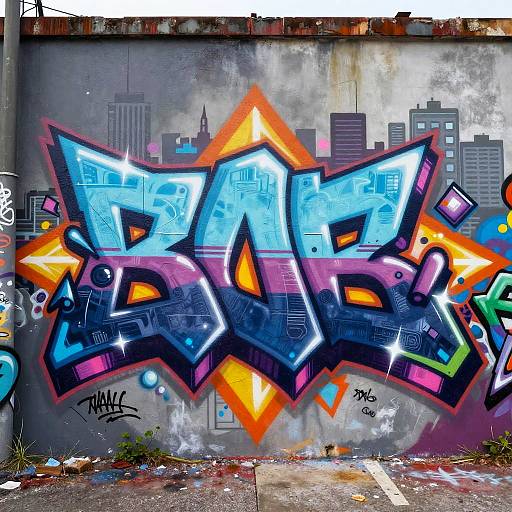 Vibrant graffiti mural on a weathered concrete wall featuring bold, colorful 