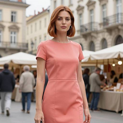 Photograph of a red-haired woman with fair skin wearing a short-sleeved, form-fitting coral dress, standing in a bustling outdoor market with