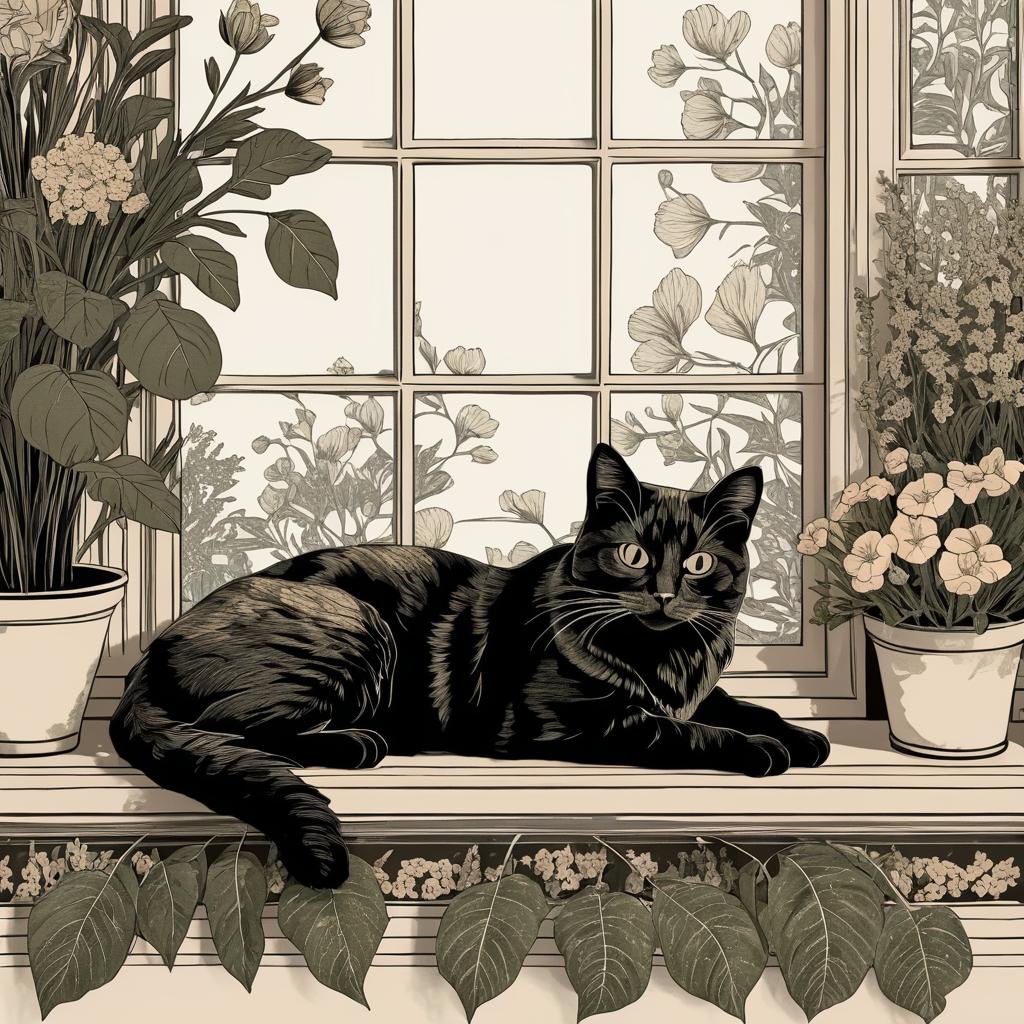 Vintage Botanical Cat on Windowsill