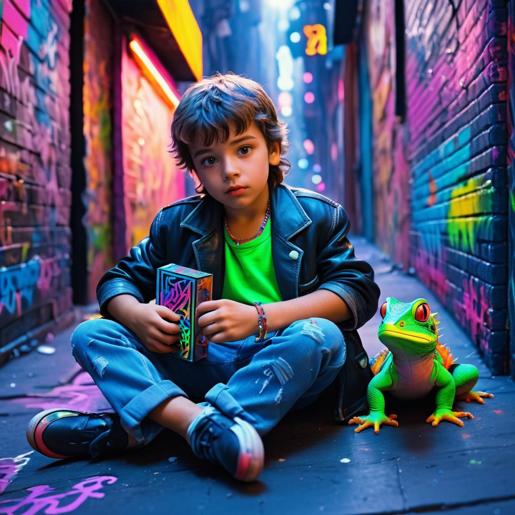 Playful Boy with Lizard in 1980s NYC