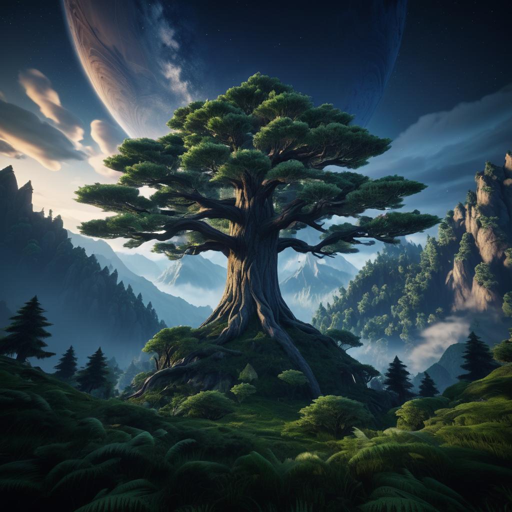 Hyperrealistic Giant Tree Among Mountains