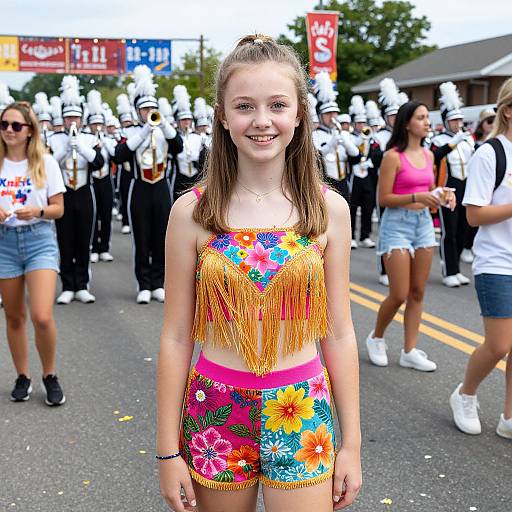 Photograph of a smiling teenage girl with light brown hair in a floral fringe top and shorts, standing in front of a marching band at a parade.