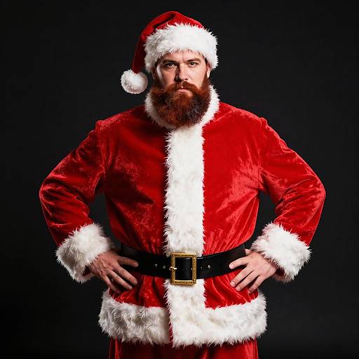 Photograph of a bearded man with a serious expression, wearing a red velvet Santa suit with white fur trim and black belt, against a black background