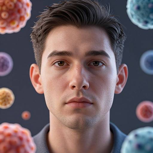 Photorealistic CGI portrait of a young man with short dark hair, fair skin, and brown eyes, surrounded by colorful, floating space-like orbs against
