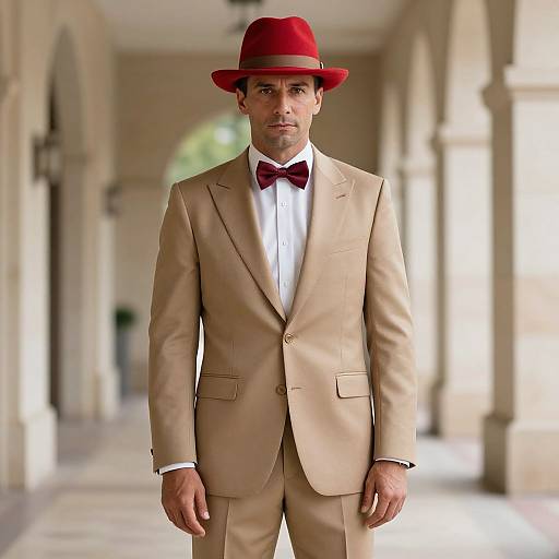 Dapper Man in Tan Suit and Red Hat