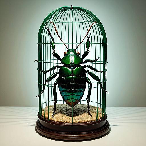 Hyperrealistic Bronze Cicada Sculpture in Cage