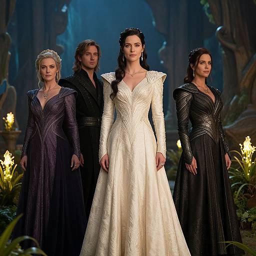 Photograph of four women in ornate gowns: central woman in white, flanked by three in black, standing in a dimly lit,