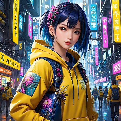 Digital anime-style drawing of a young Asian woman with blue-black hair, wearing a yellow hoodie, floral backpack, and flower hairpins, standing in a