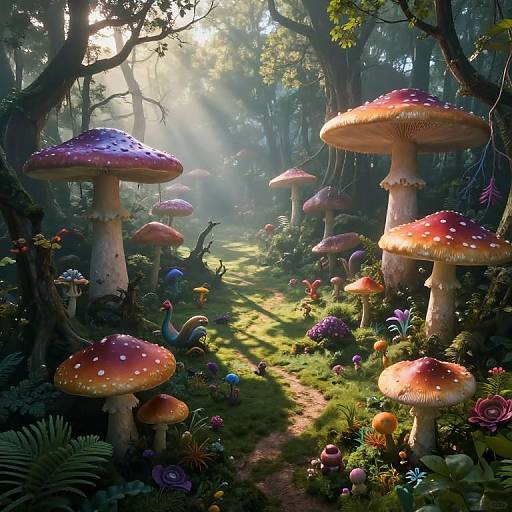 Fantastical forest scene with oversized, red-spotted mushrooms, colorful flowers, and sunlight filtering through trees, creating a magical, whimsical atmosphere.