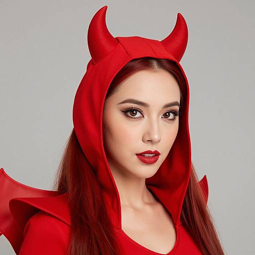 Photograph of a fair-skinned woman with long red hair, wearing a vibrant red devil hood with horns, matching red outfit, and red lipstick,