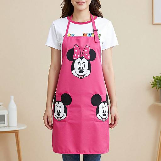 Photograph of a woman wearing a pink apron with Mickey Mouse faces, white shirt, standing in a bright room.