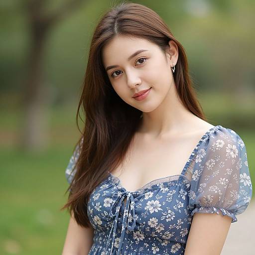 Photograph of an Asian woman with long brown hair, wearing a blue floral dress, standing outdoors with a blurred green background.