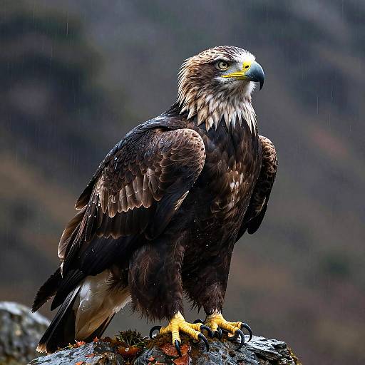 Photograph of a majestic golden eagle with dark brown feathers, yellow beak, and talons, standing on a wet, rocky surface during rain.