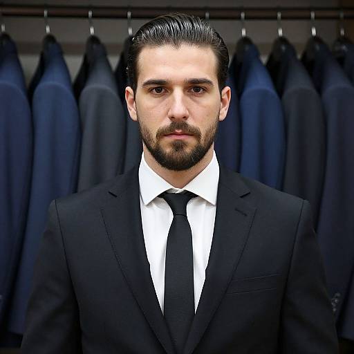 Photorealistic image of a bearded man with dark hair, wearing a black suit, white shirt, and black tie, standing in front of a