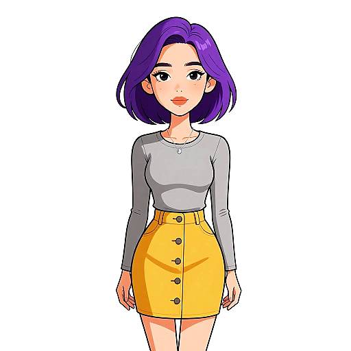 Digital anime-style drawing of a young woman with purple hair, wearing a gray long-sleeve top and yellow button-up skirt, standing against a white