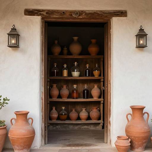 Photograph of rustic wooden shelf with various clay pots and glass bottles, flanked by two lanterns, on a white stucco wall.