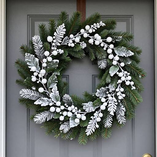 Photograph of a festive, green pine wreath adorned with white snowflake-patterned leaves and small white berries, hanging on a dark gray, pane