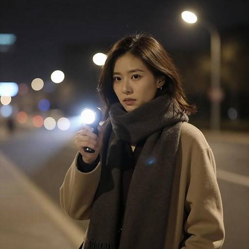 Determined Woman with Flashlight at Night