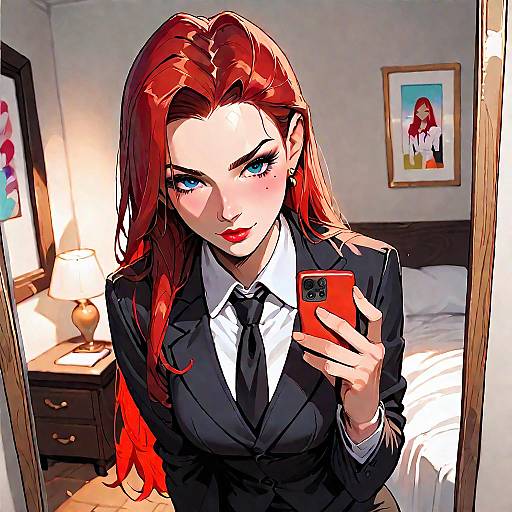 Digital anime-style drawing of a red-haired woman with blue eyes, wearing a black suit, tie, and white shirt, taking a mirror selfie in a