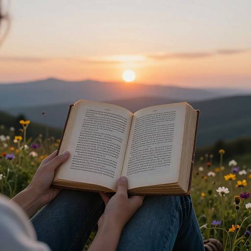 Photograph of hands holding an open book at sunset, with a mountainous landscape and colorful wildflowers in the background.