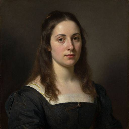 Photorealistic portrait of a young woman with fair skin, dark brown wavy hair, and brown eyes, wearing a black dress with a white neckline