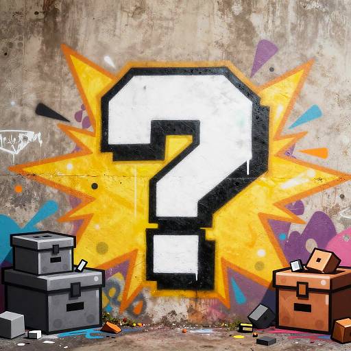 Graffiti-style image with a large white question mark in bold black outline, set against a textured concrete wall with a yellow starburst background. St