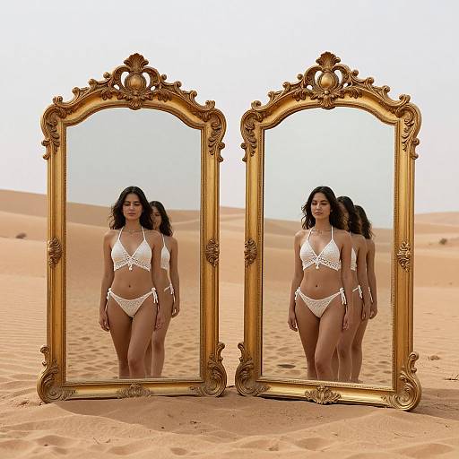 Photograph of a woman with dark hair in a white crochet bikini, reflected in two ornate gold-framed mirrors, standing in a sandy desert landscape