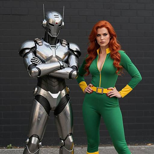 Metal Robot and Woman in Green Bodysuit