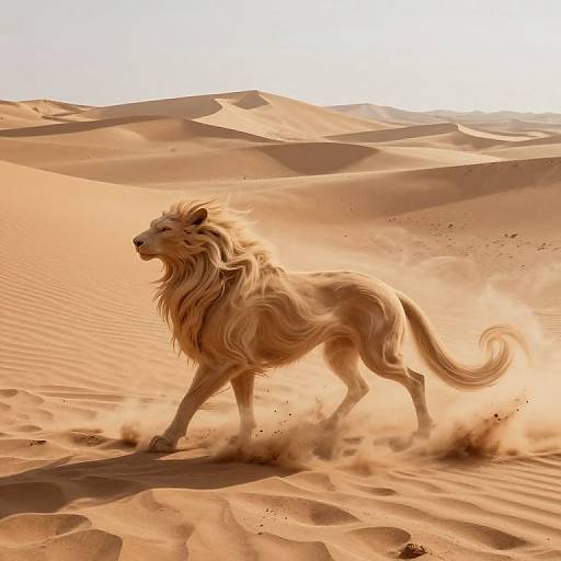 Digital artwork of a majestic, flowing-maned, golden-furred wolf-like creature walking through a sunlit, rippled desert with dunes under a