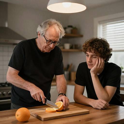 Older Man Cutting Orange by Young Man in Kitchen