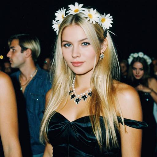 Blonde Woman with Daisy Hair Ornament at Night Party