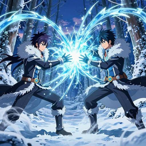 Two anime-style brothers in black fur-trimmed coats duel with glowing blue energy in a snowy forest at night.
