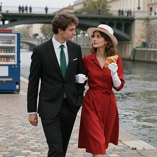 Elegant Couple Strolling by the River