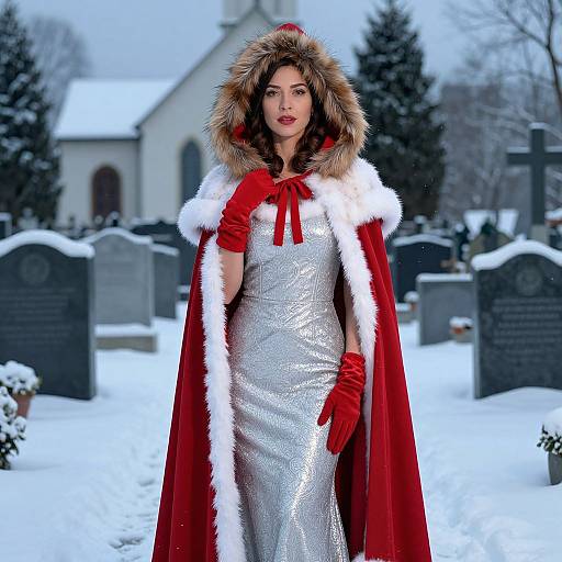 Photograph of a woman in a silver, shimmering dress, red fur-trimmed cape, and gloves, standing in a snowy cemetery with a