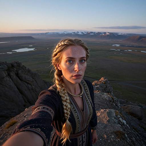 Photograph of a blonde woman with braided hair, wearing a black, embroidered medieval-style dress, taking a selfie on a rocky mountain peak at sunset