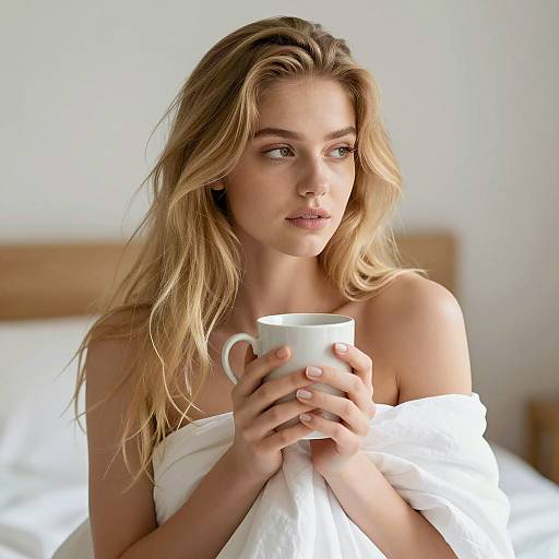 Woman holding mug in bed