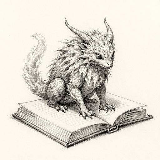 Monochromatic digital drawing of a fierce, furry, dragon-like creature with sharp claws and horns, sitting on an open book with detailed pages.
