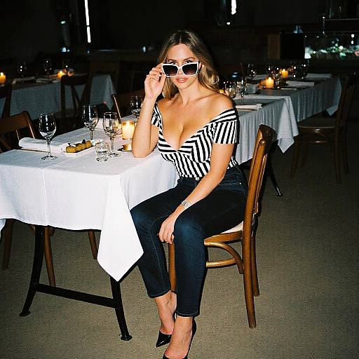 Photograph of a woman with long brown hair, wearing a black-and-white striped off-shoulder top, black pants, and sunglasses, sitting at