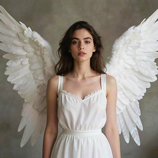 Photograph of a young woman with long dark hair, white angel wings, and a white sleeveless dress, standing against a gray background.